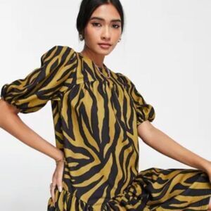 ASOS design yellow black zebra striped play mini smock dress khaki dress me zee